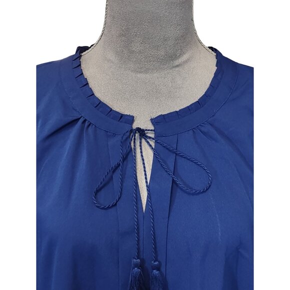 C Wonder Batwing Blouse Blue Tassle Tie Pleated Neckline Top Lightweight Size XL - Picture 9 of 9
